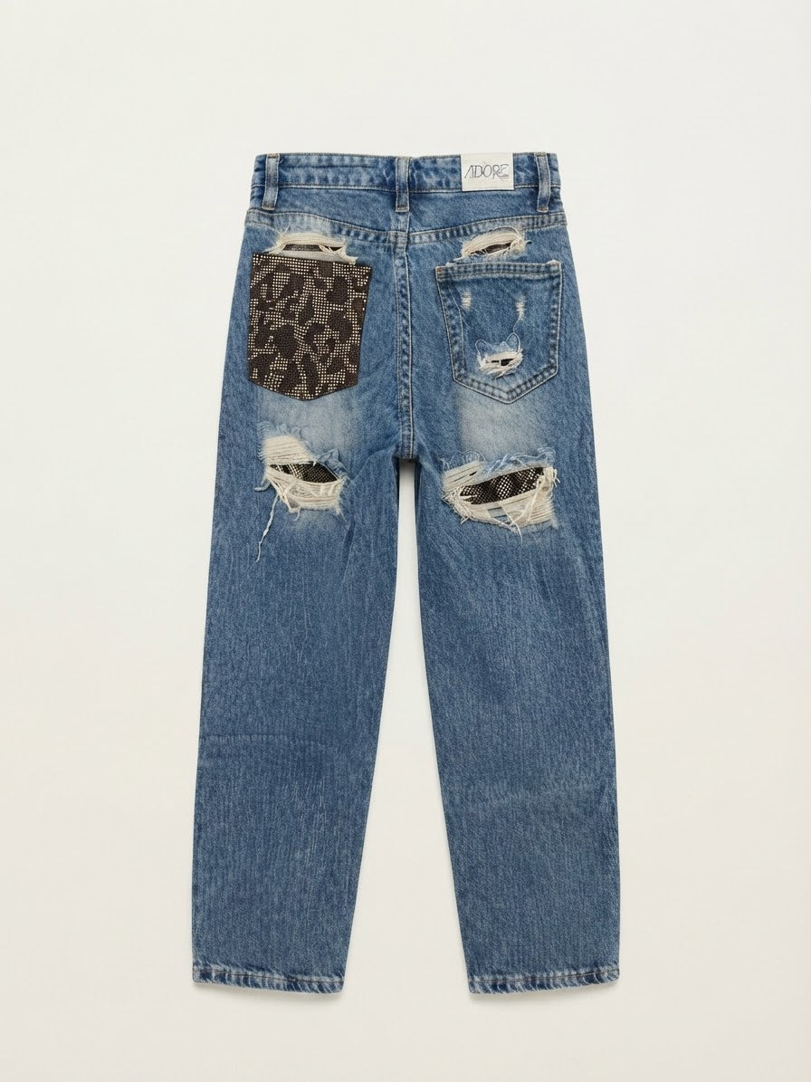 Jeans Boyfriend con Tasca Glitter e Strappi