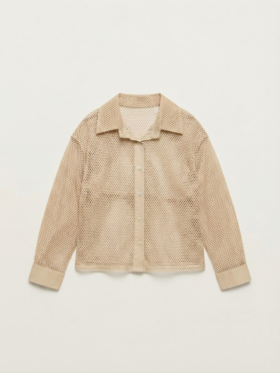 Camicia in Tessuto a Rete con Bottoni e Colletto Bimba- Beige