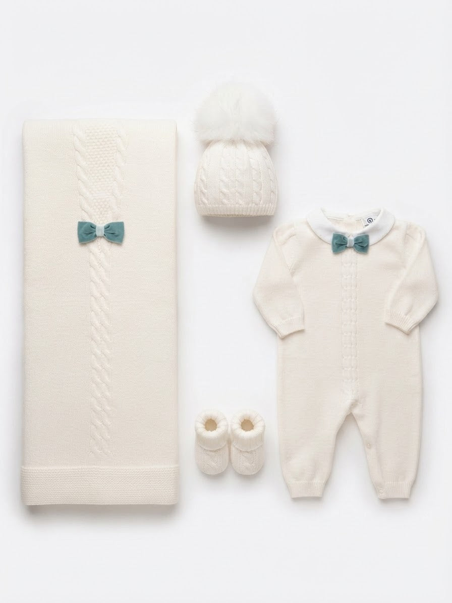 Set Corredino Neonato hophoplà in Maglia Panna con Fiocchi Verde Salvia e Accessori