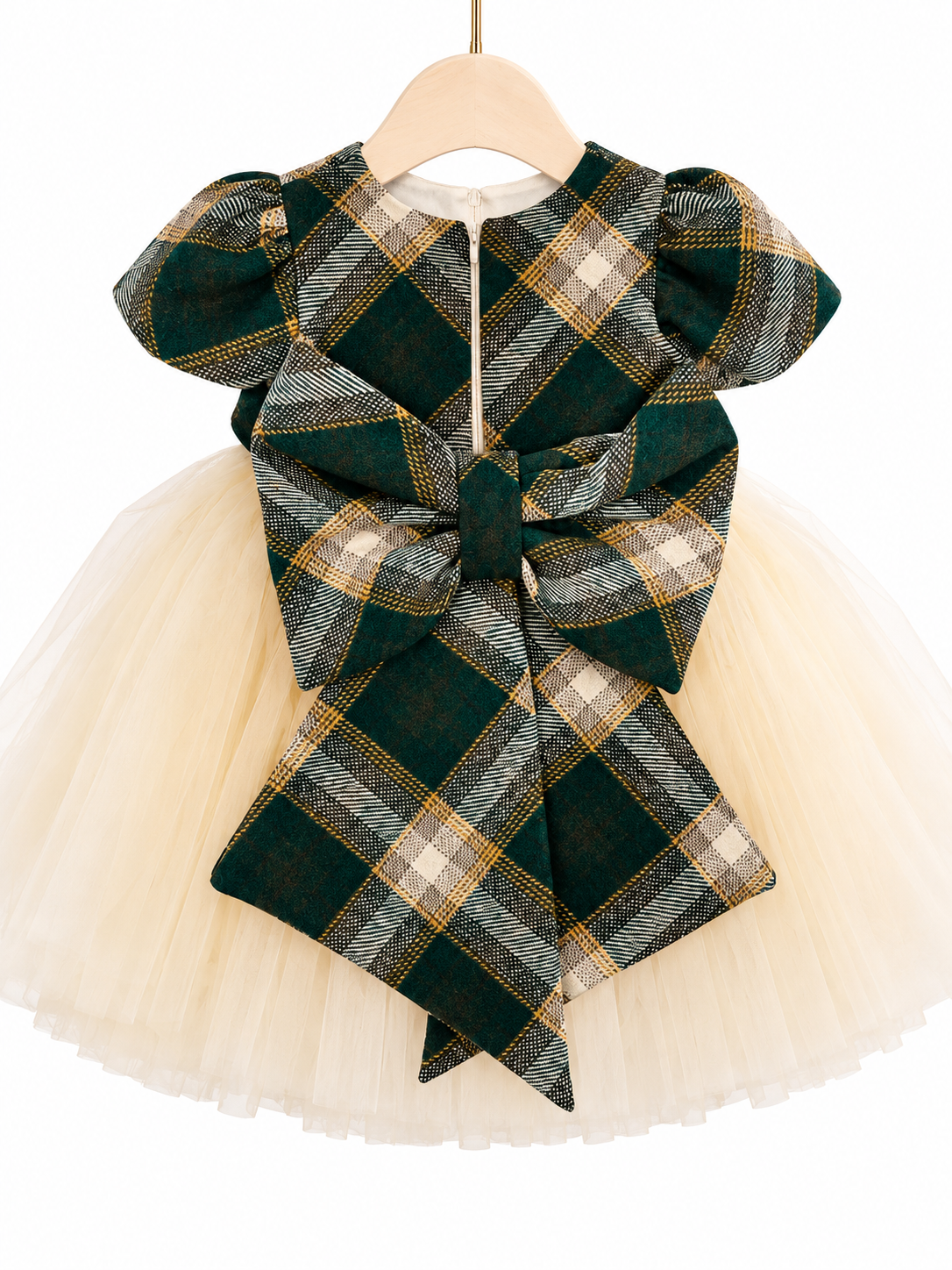 Abito Elegante Bambina Verde Scozzese con Gonna in Tulle