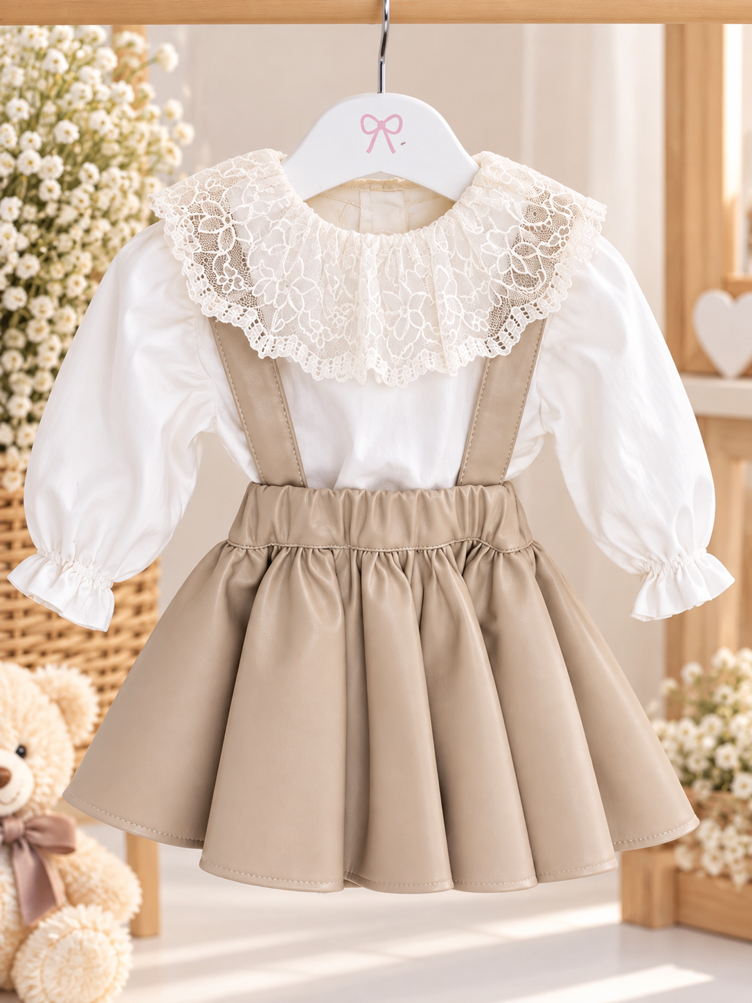 Completo Neonata Elegante con Colletto in Pizzo e Salopette