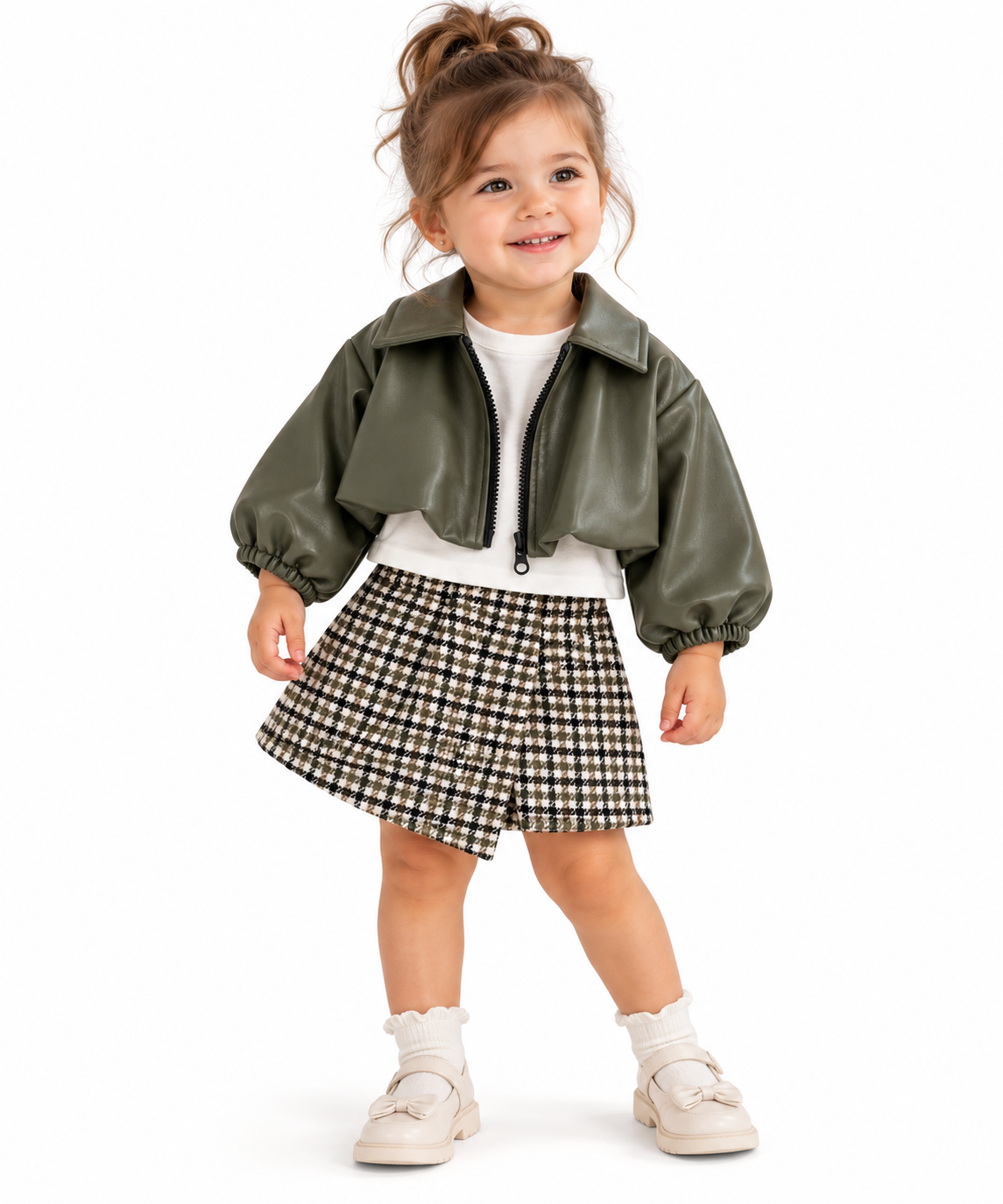 Completo Bambina con Giacca in Ecopelle e Gonna Pied-de-Poule