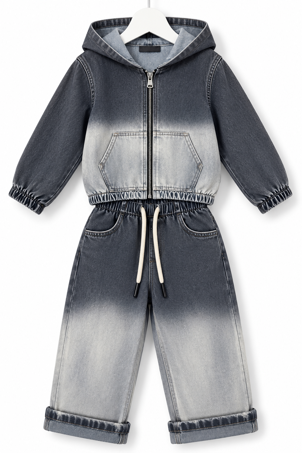 Completo Bambino in Denim Effetto Dégradé con Felpa e Pantalone