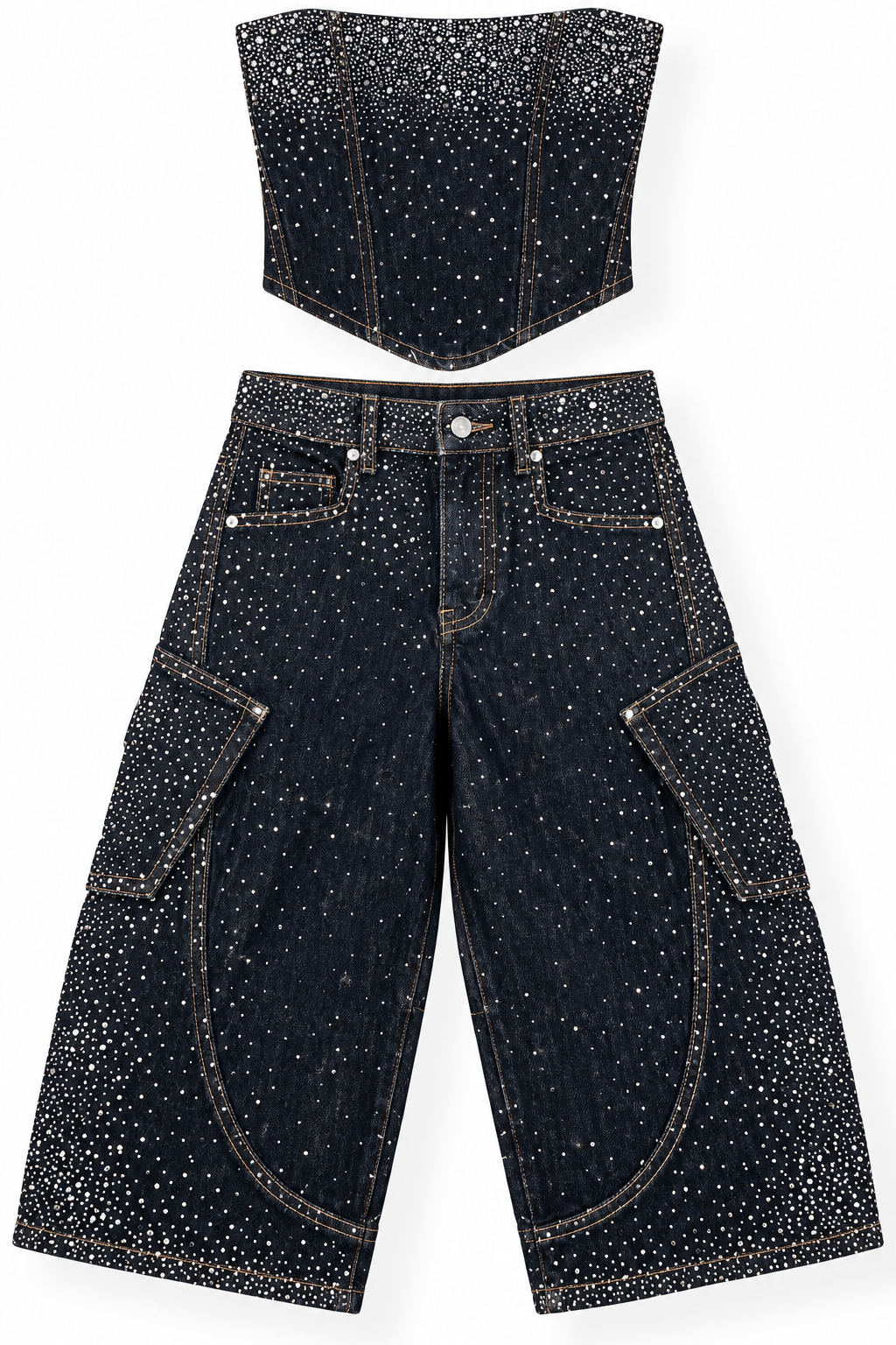 Completo in Denim con Top e Jeans Cargo Luminosi