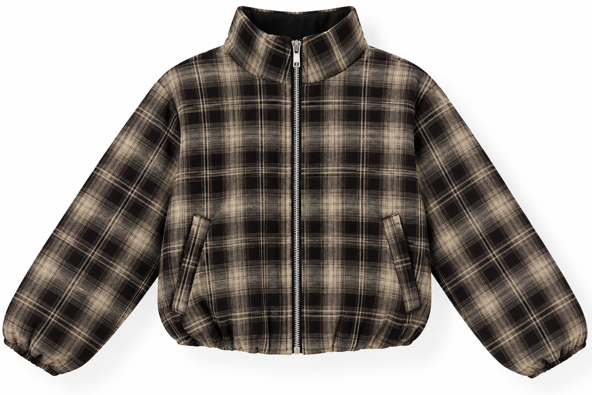 Giubbino Cropped a Quadri con Zip e Colletto Alto