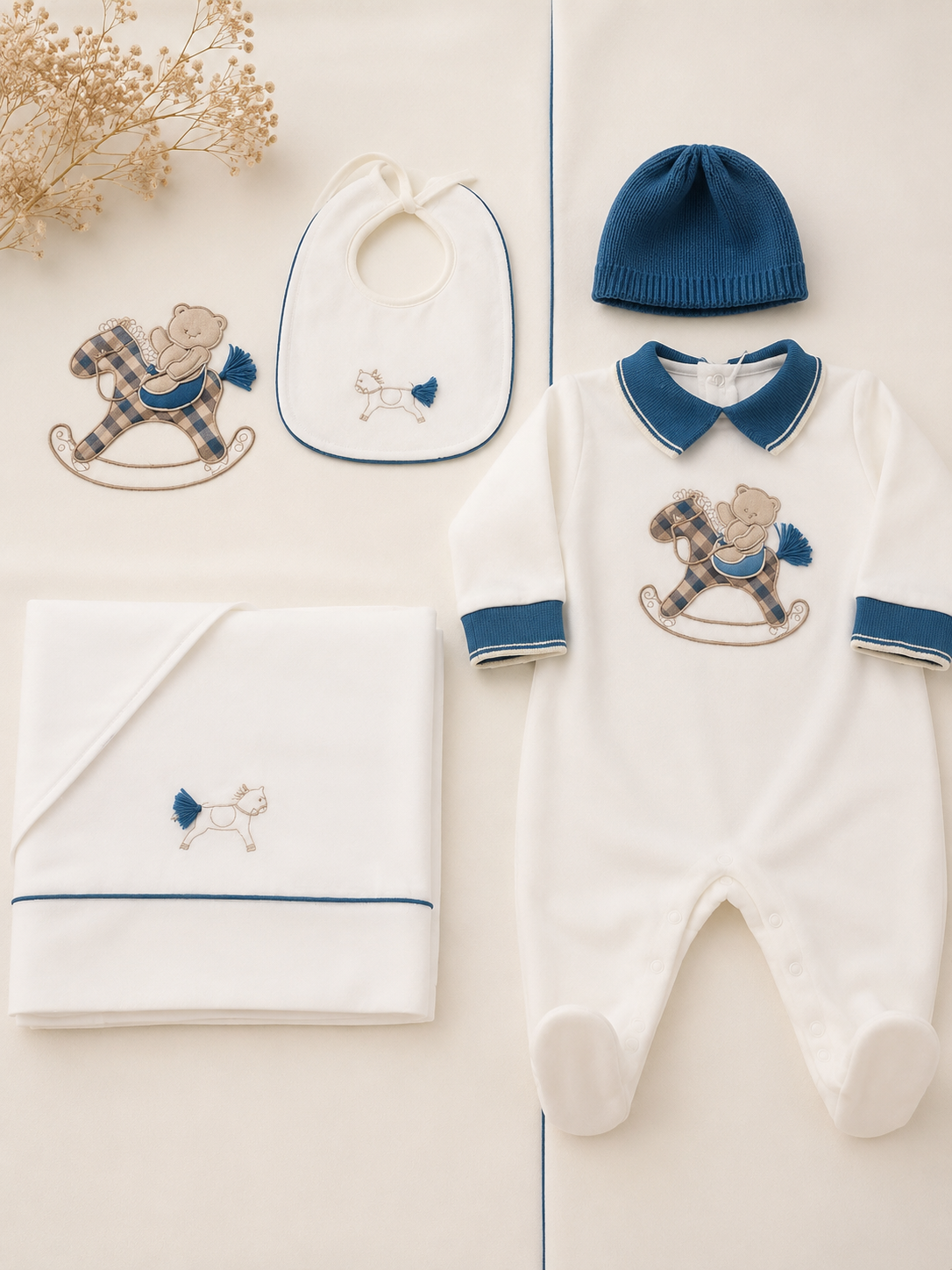 Coordinato Neonato teneri e belli Completo Teddy & Cavallino – Bianco e Blu