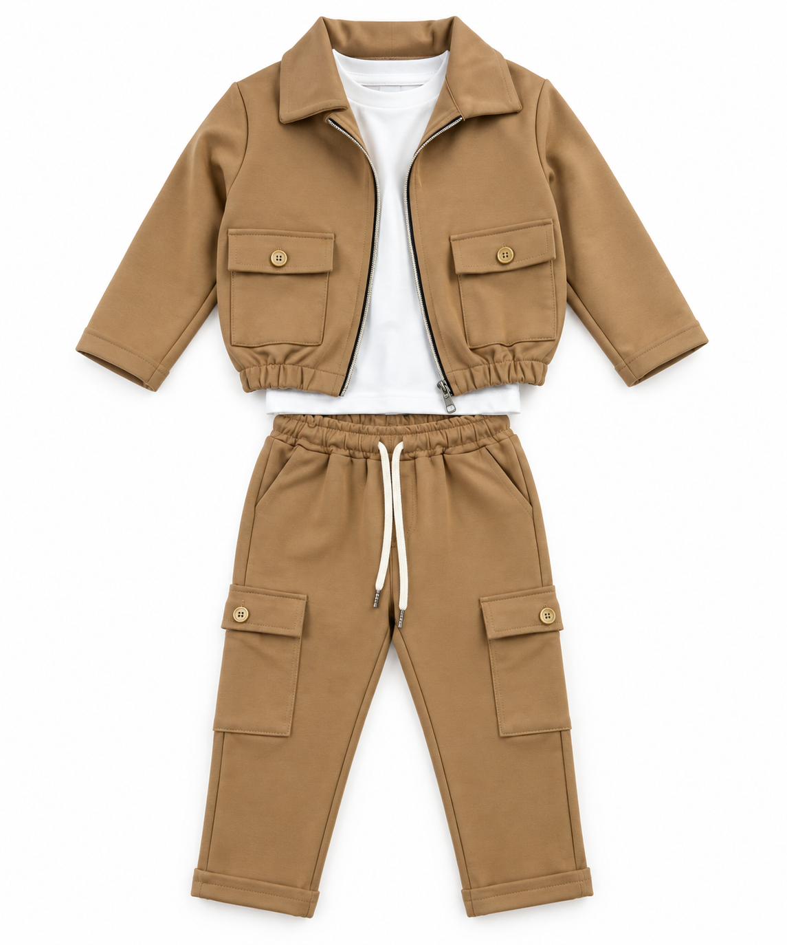 Completo Bambino Color Cammello con Giacca, T-Shirt e Pantalone Cargo