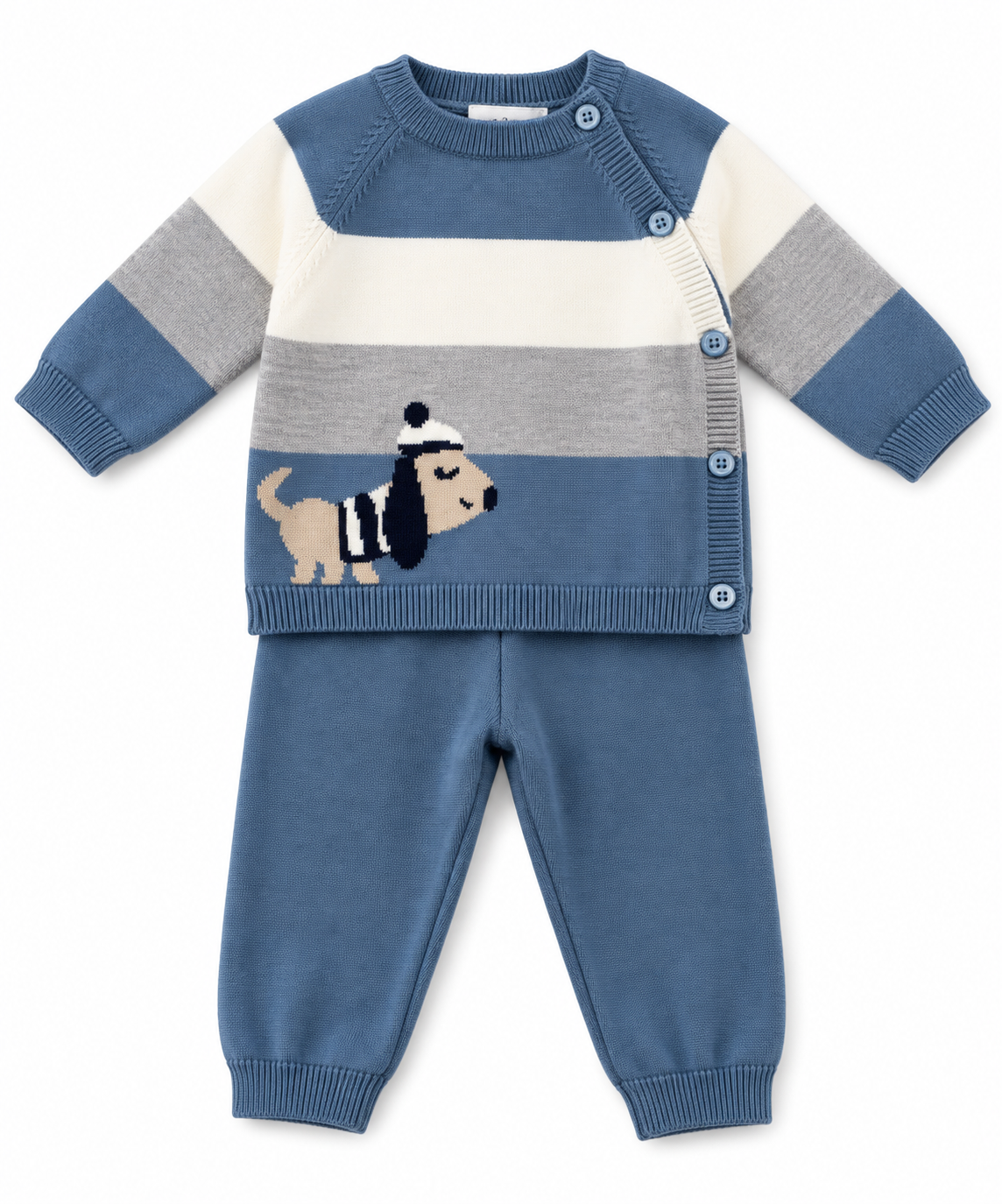 Completo Neonato in Maglia con Fantasia a Righe e Cagnolino 9519