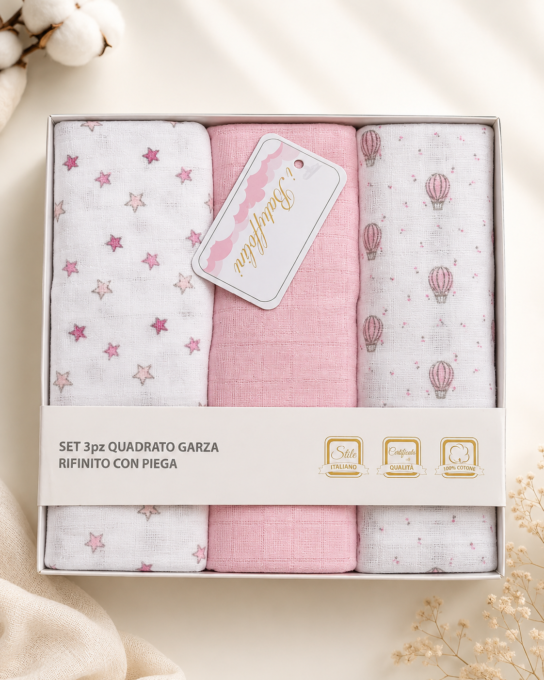 Set 3 pezzi quadrati garza batuffolini