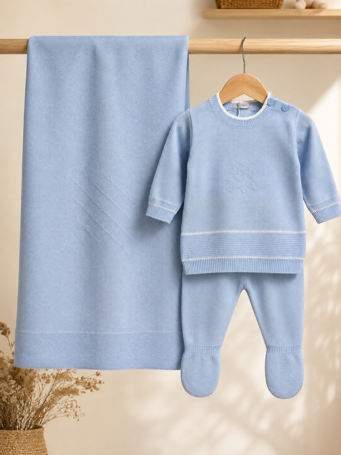 Completo Neonato in Maglia con Copertina Coordinata – Azzurro
