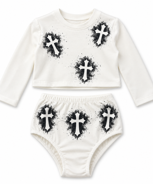 Completo Bambina Crop Top e Slip a Vita Alta con Stampa Croci 26609