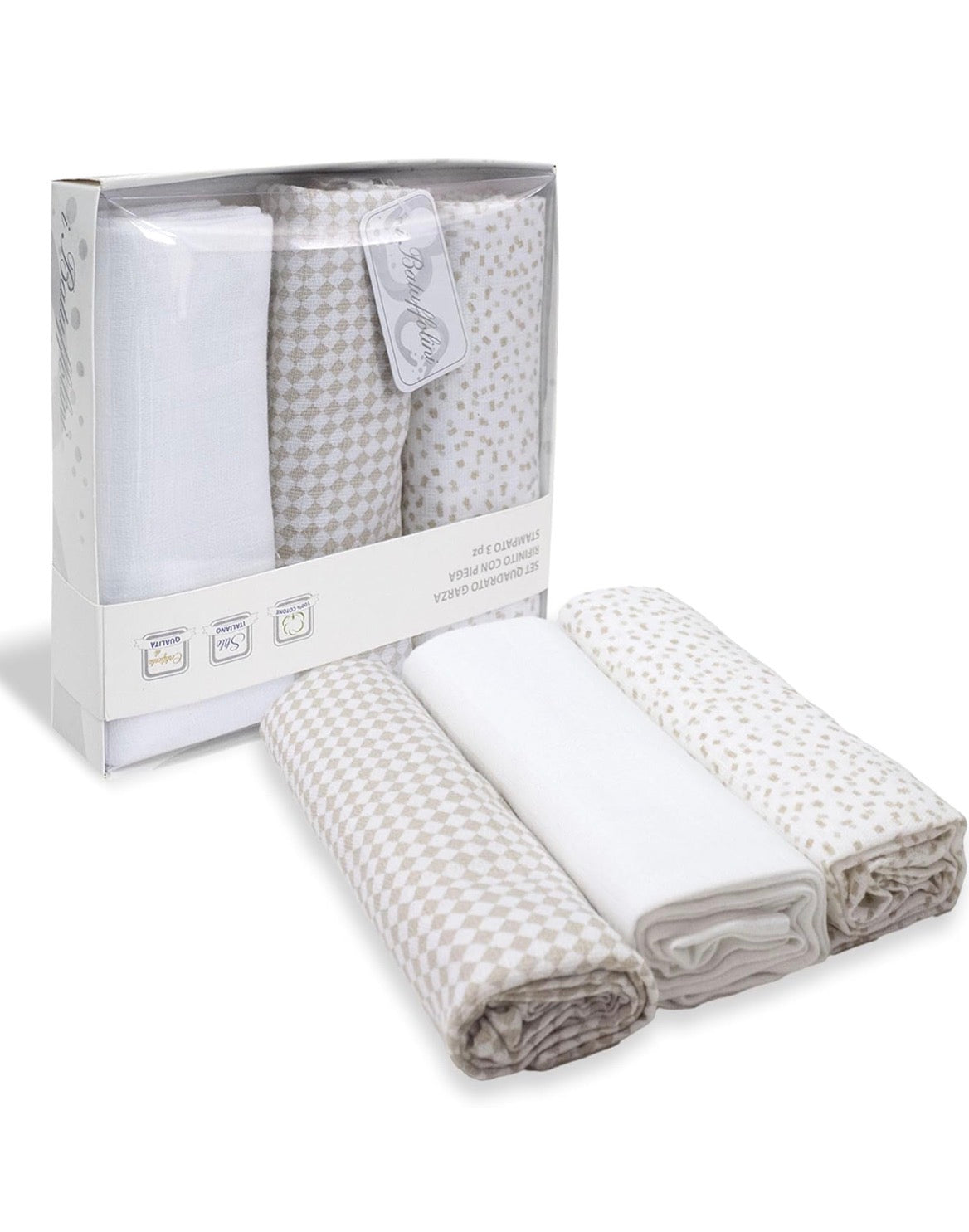 Set 3 pezzi quadrati garza batuffolini
