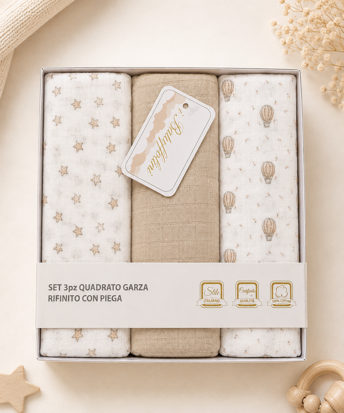 Set 3 pezzi quadrati garza batuffolini