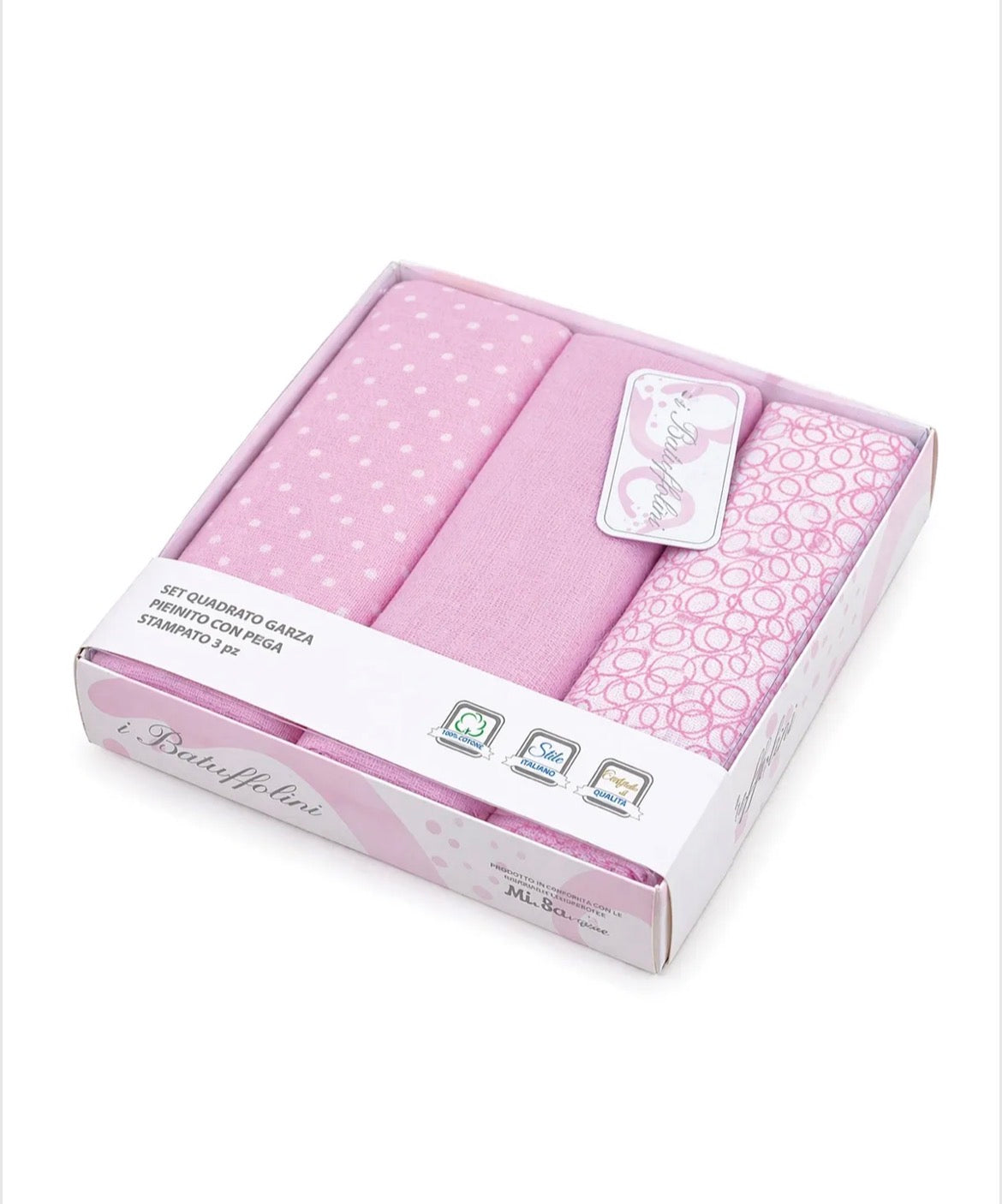 Set 3 pezzi quadrati garza batuffolini
