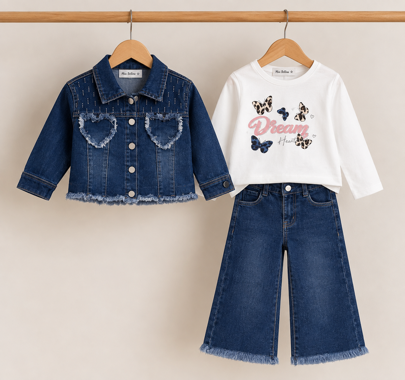 Completo jeans hearts 3 pezzi neonata