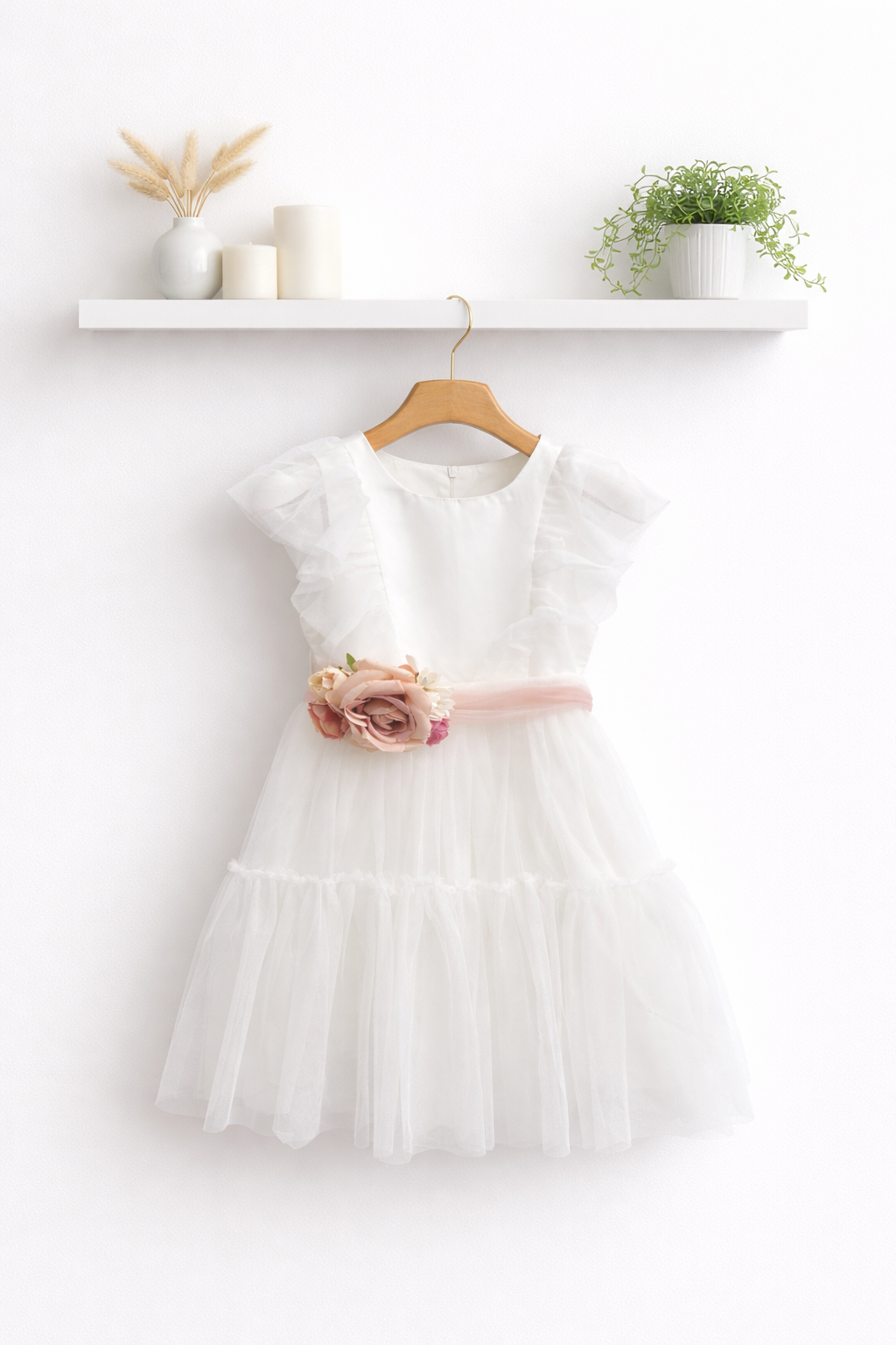 Vestito bambina in tulle bianco con fascia floreale rosa