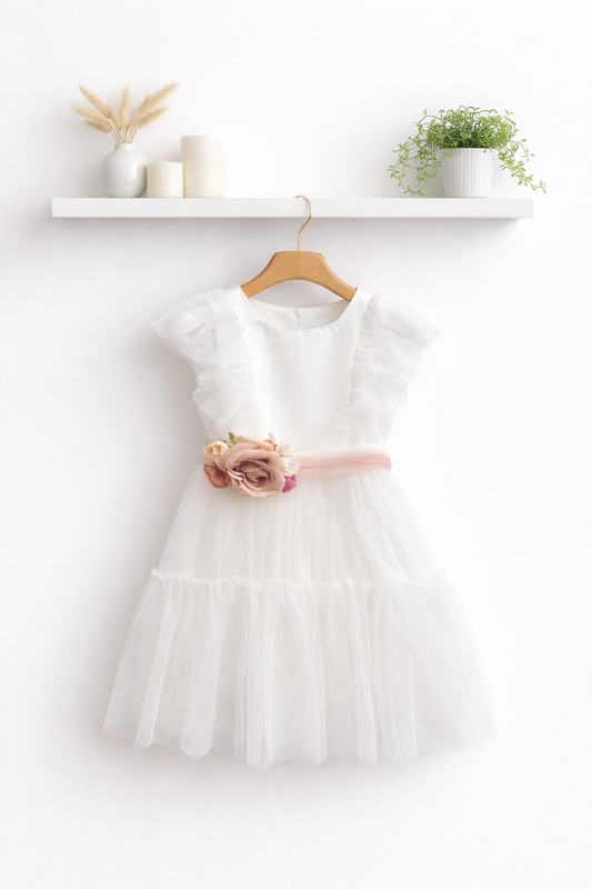 Vestito bambina in tulle bianco con fascia floreale rosa