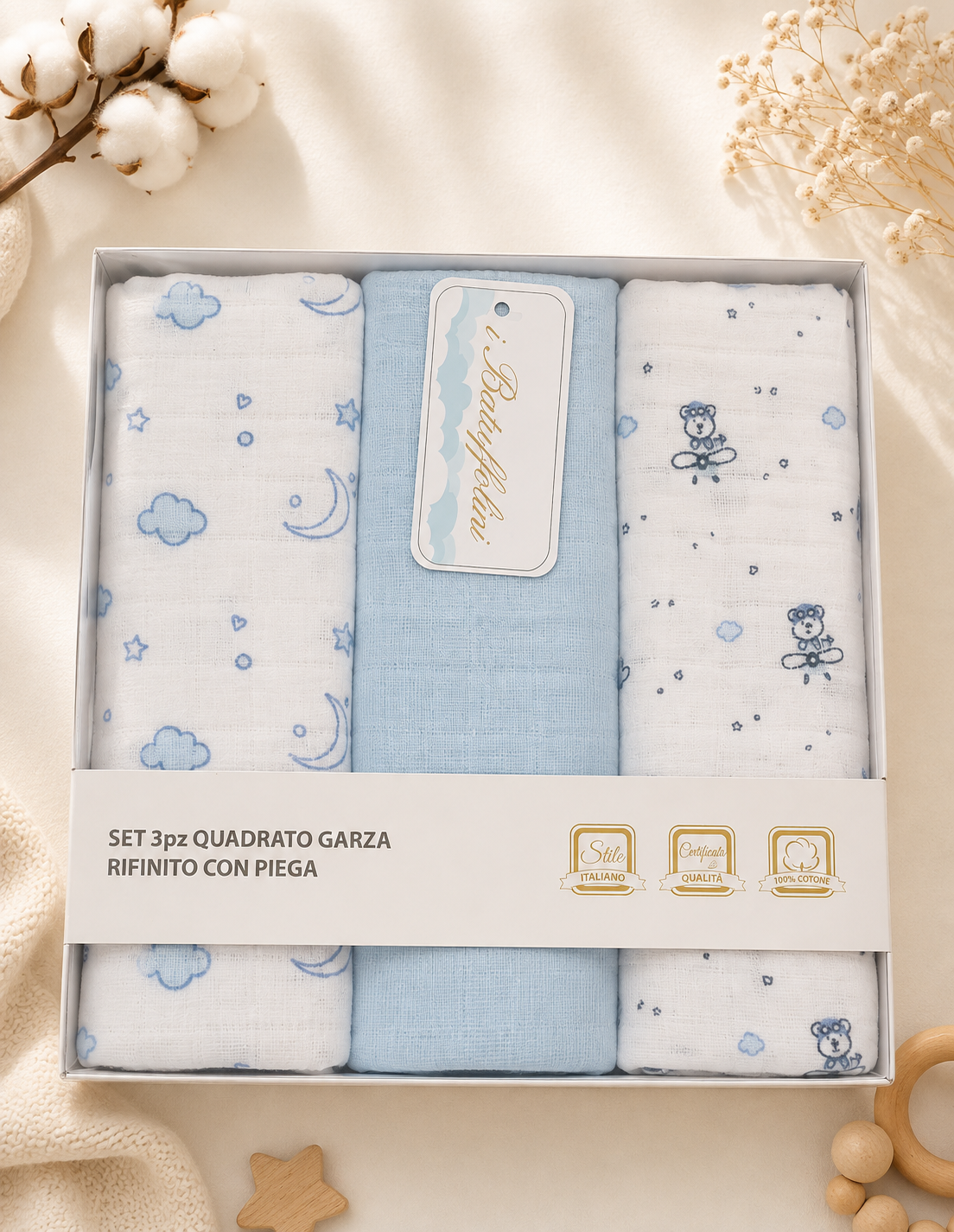 Set 3 pezzi quadrati garza batuffolini
