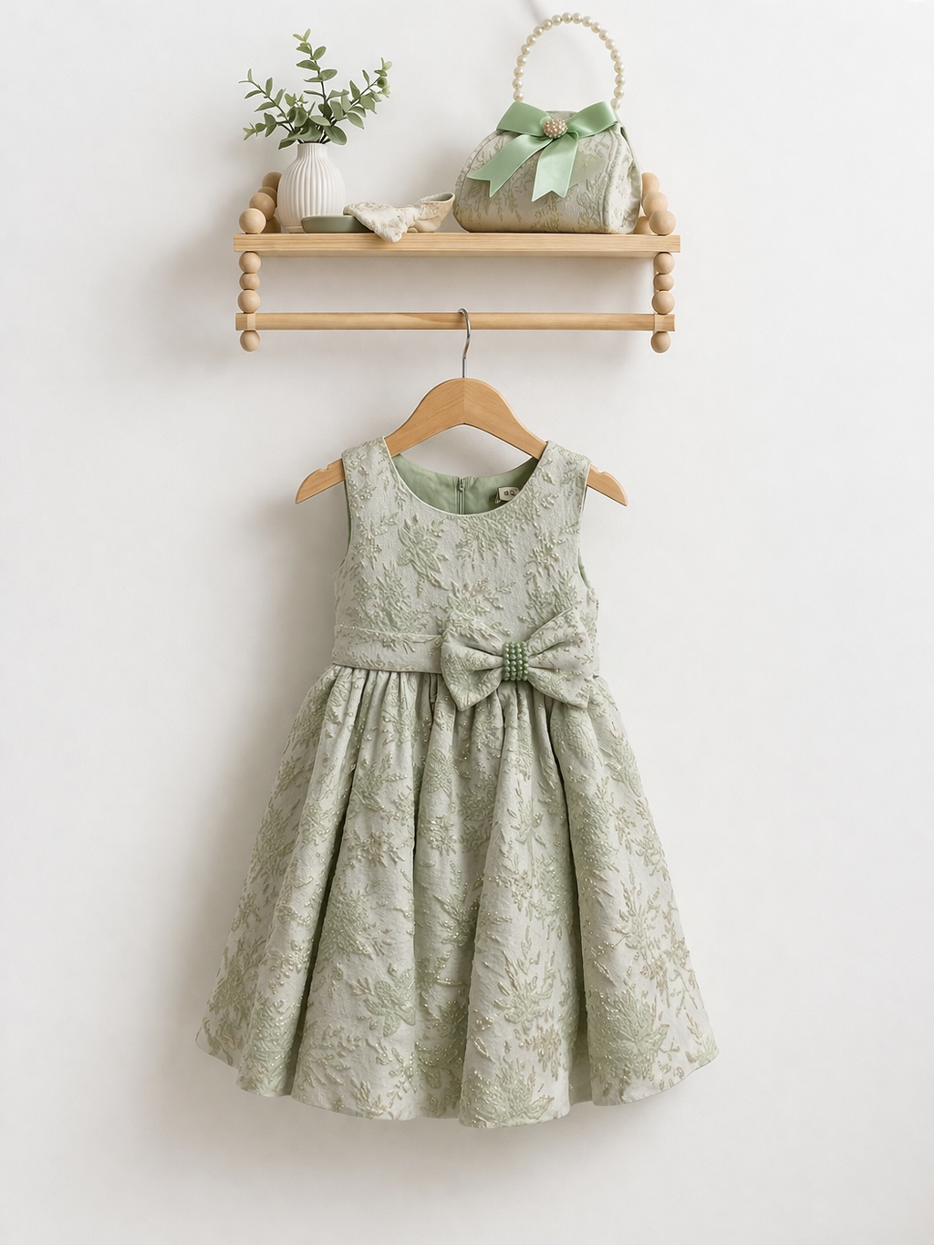 Abito bambina elegante in jacquard verde salvia con fiocco decorativo