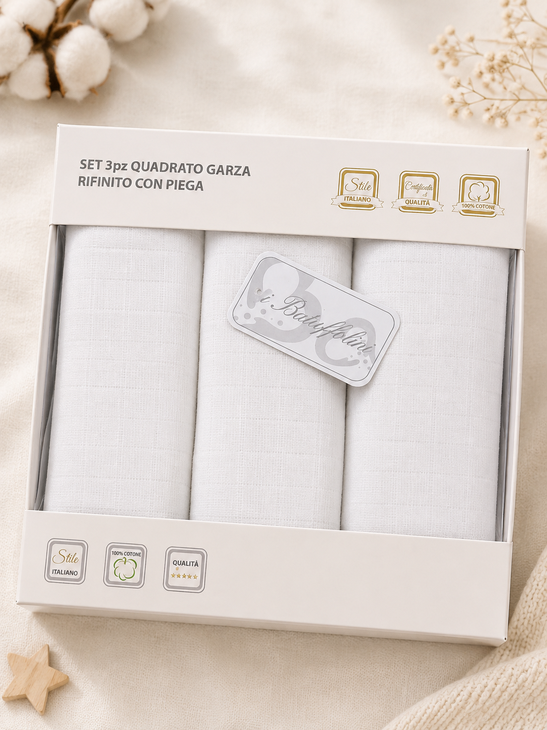 Set 3 pezzi quadrati garza batuffolini