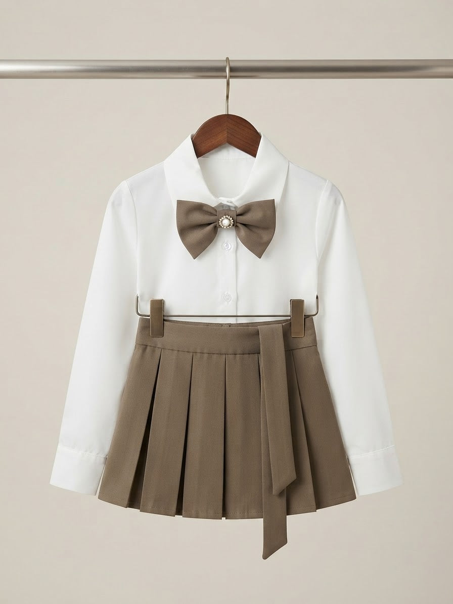 Completo Camicia con Fiocco e Minigonna a Pieghe bimba