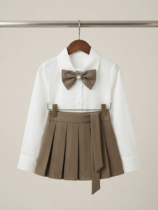 Completo Camicia con Fiocco e Minigonna a Pieghe bimba 6630
