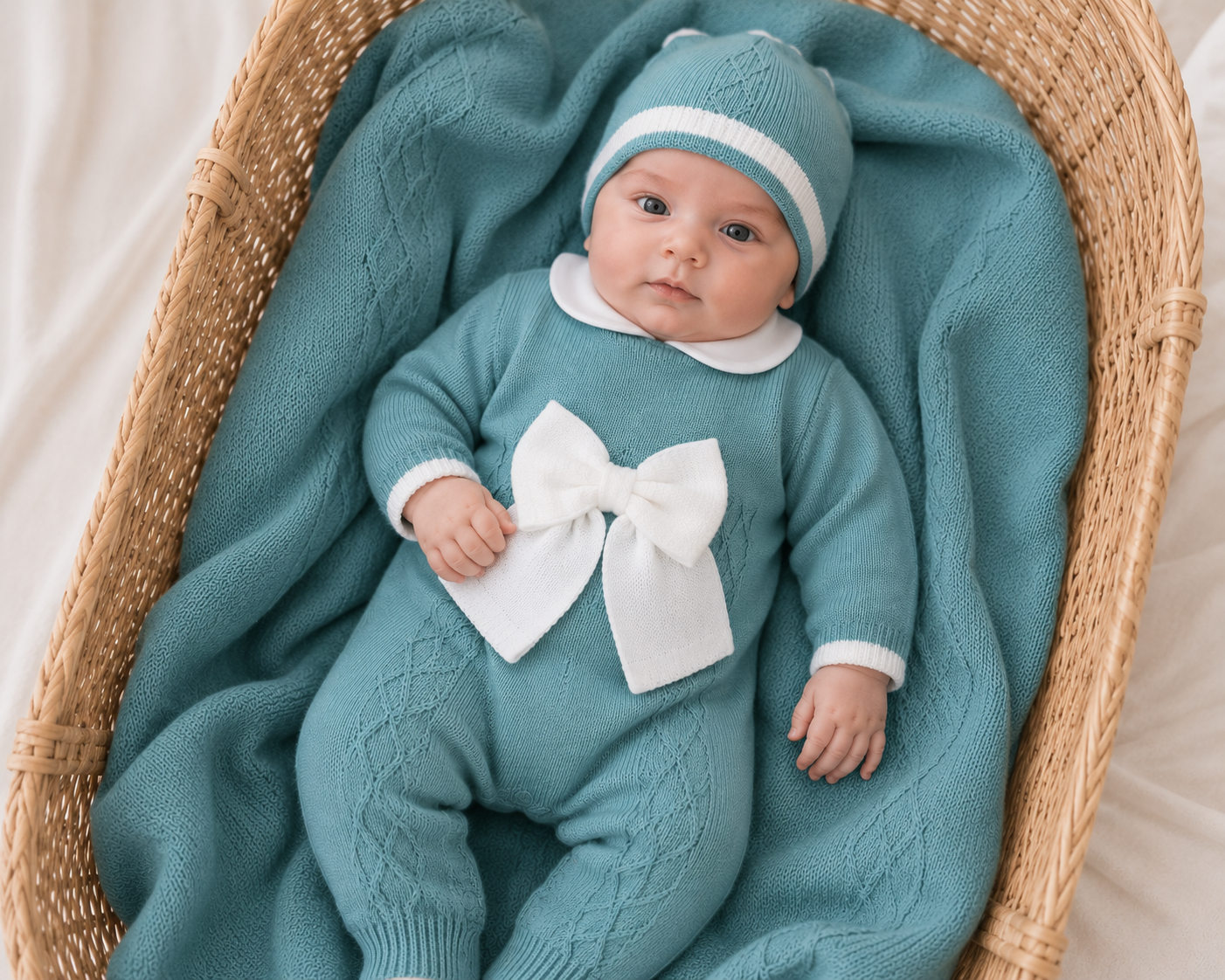 Coordinato Nascita 3 Pezzi in Maglia – Verde Acqua con Fiocco