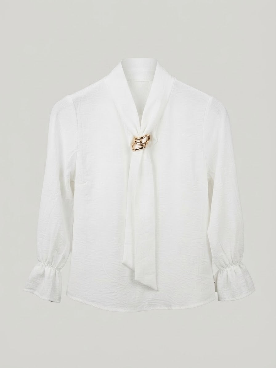 Blusa Bianca in Tessuto Testurizzato con Dettaglio Gioiello Dorato bimba