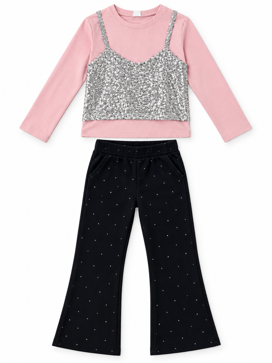 Completo bambina top paillettes e pantalone flare 1063