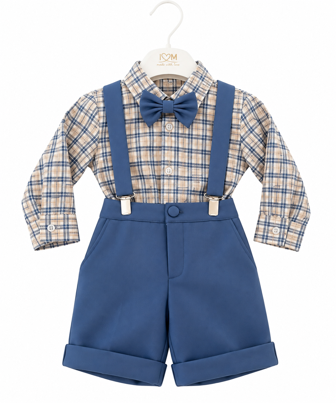 Completo Elegante Bambino con Camicia, Bretelle e Pantalone Scozzese