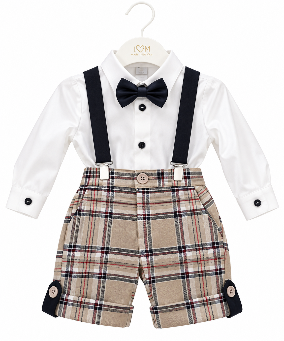 Completo Elegante Bambino con Camicia, Bretelle e Pantalone Scozzese