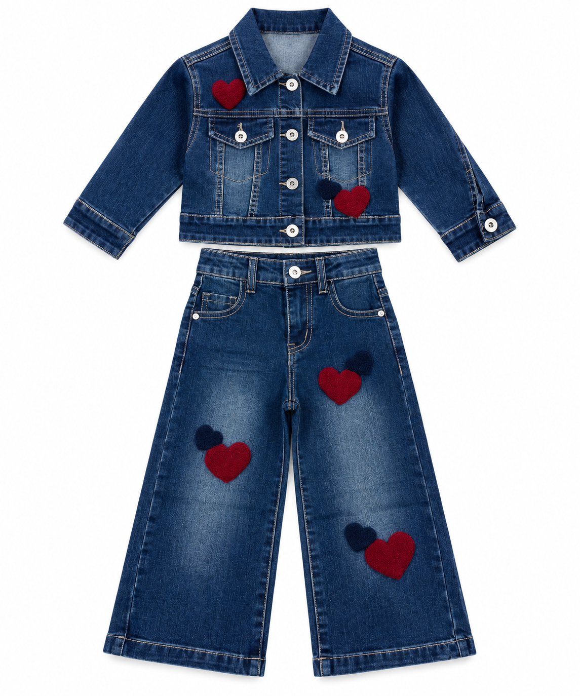 Completo Jeans Bambina con Giubbino e Pantalone Palazzo con Cuori ❤