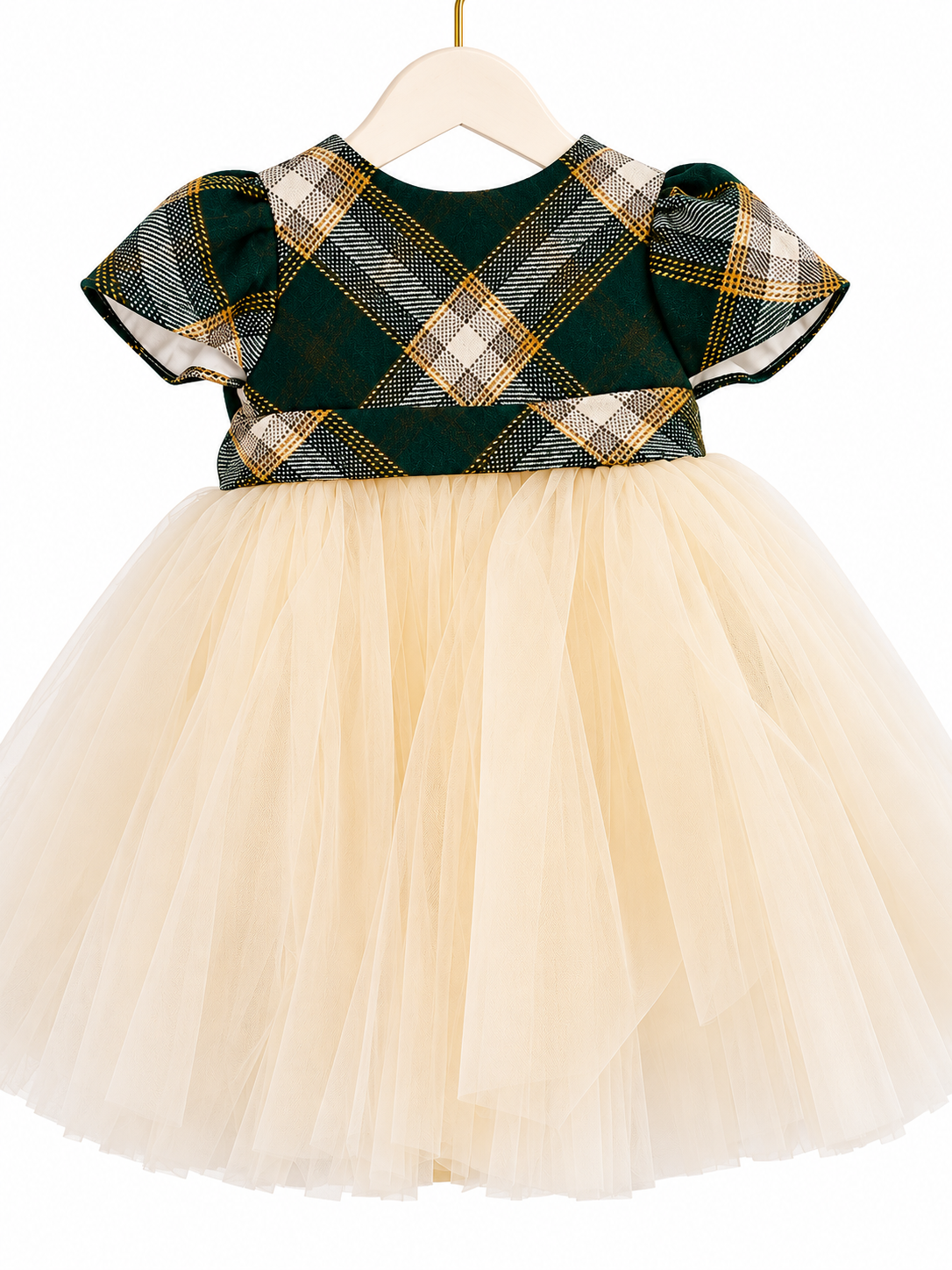 Abito Elegante Bambina Verde Scozzese con Gonna in Tulle