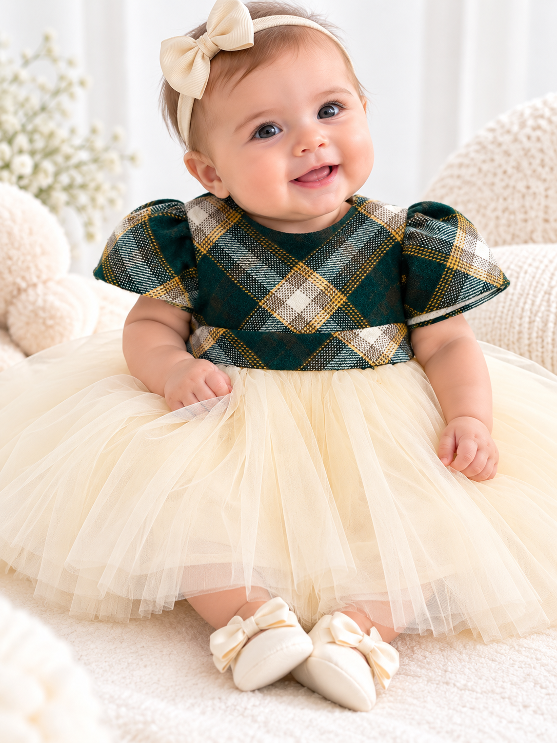 Abito Elegante Bambina Verde Scozzese con Gonna in Tulle