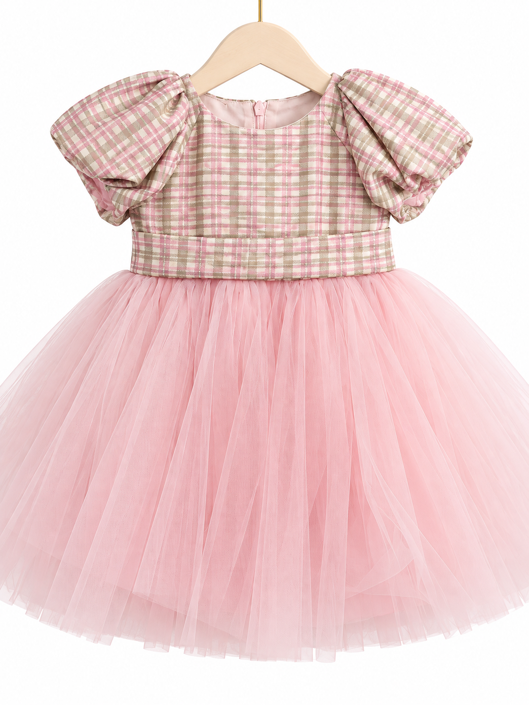 Abito Elegante Neonata a Quadri Rosa con Gonna in Tulle