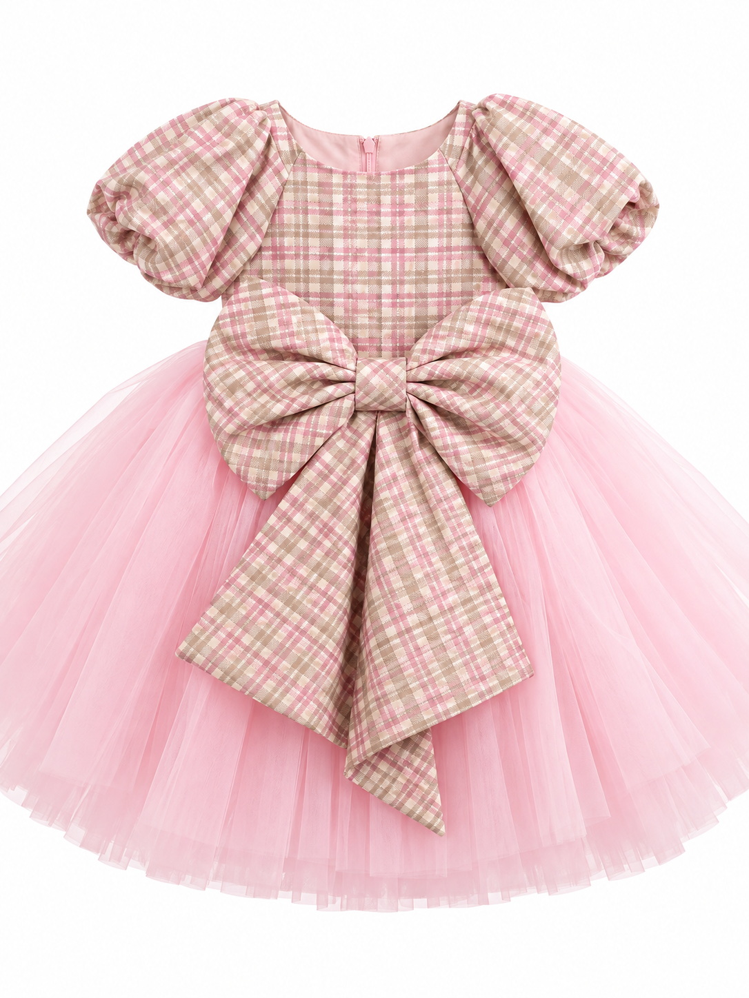 Abito Elegante Neonata a Quadri Rosa con Gonna in Tulle
