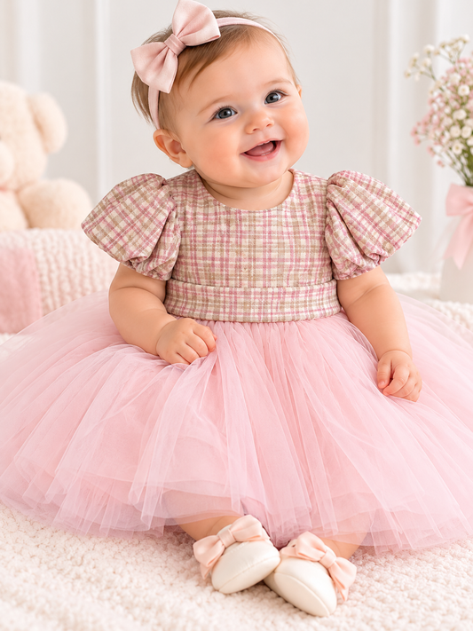 Abito Elegante Neonata a Quadri Rosa con Gonna in Tulle