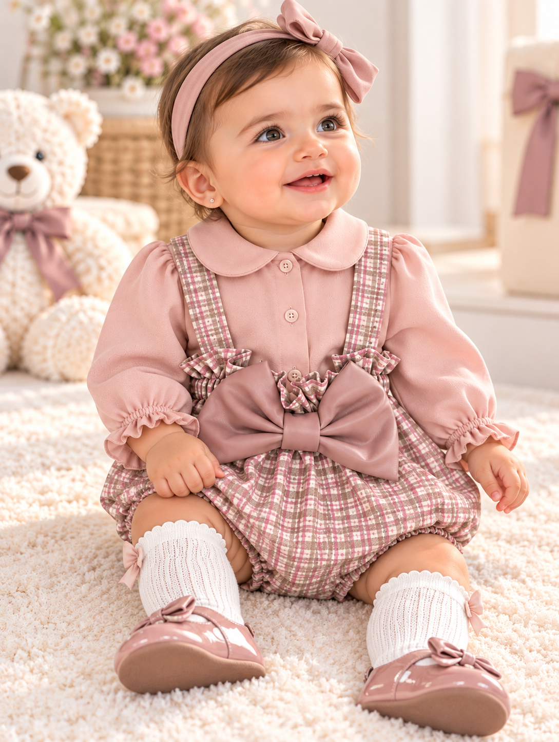 Pagliaccetto Neonata Rosa con Salopette a Quadri e Fiocco