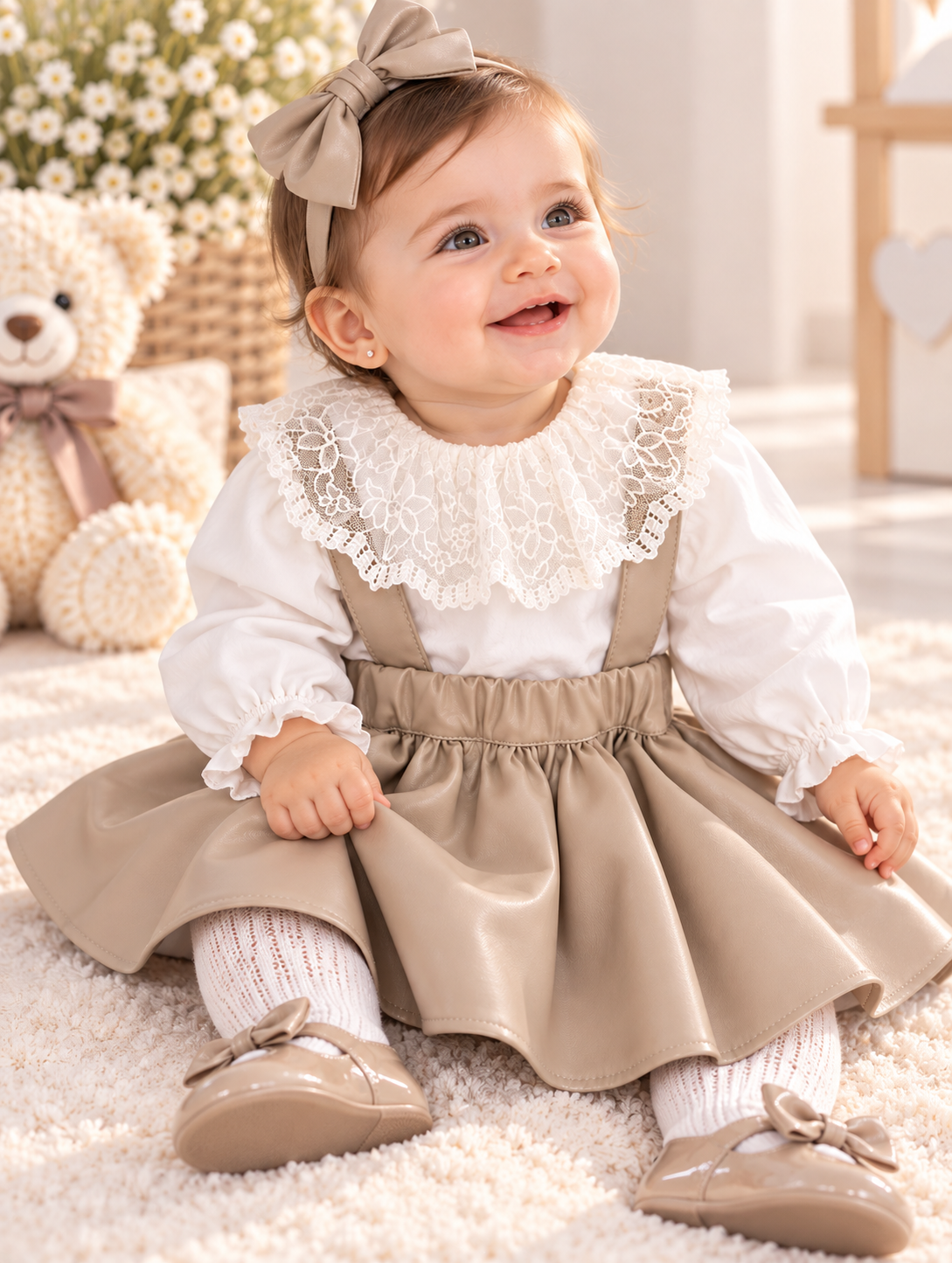Completo Neonata Elegante con Colletto in Pizzo e Salopette