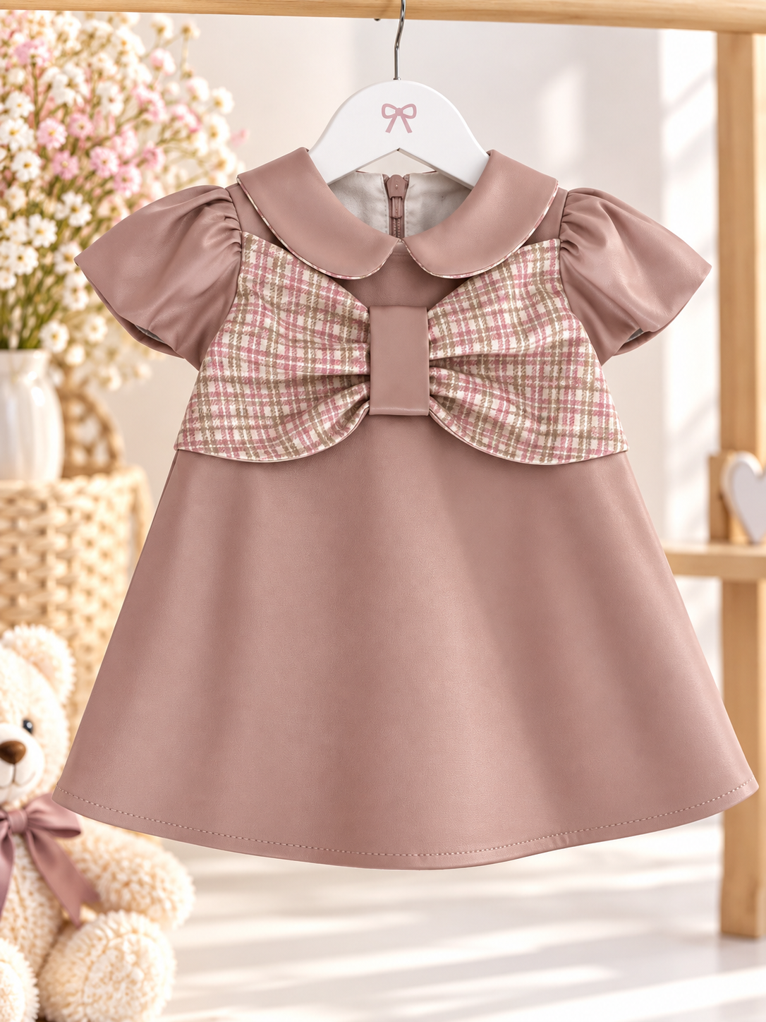 Abito Bambina in Ecopelle Rosa Cipria con Fiocco a Quadri