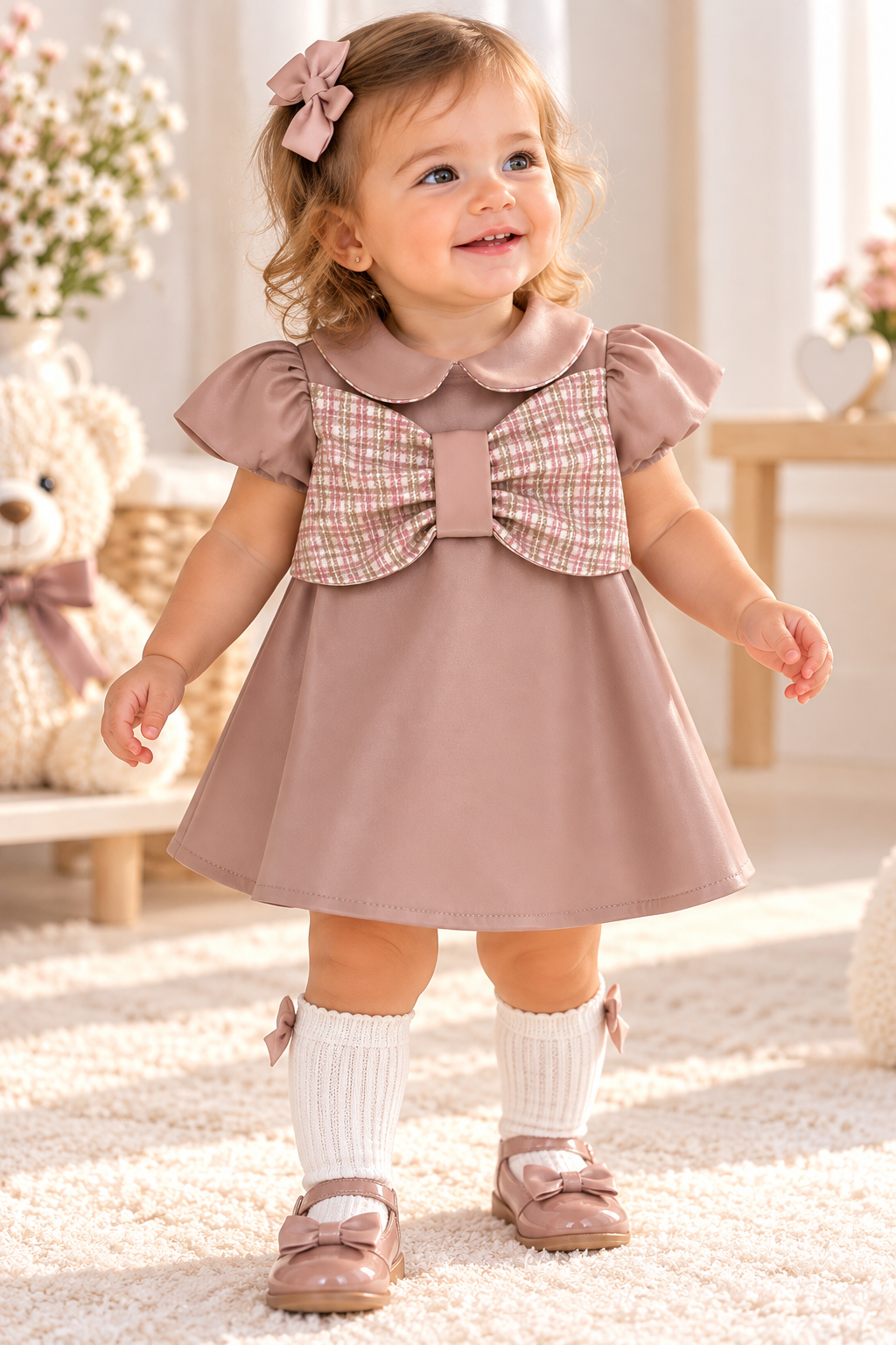 Abito Bambina in Ecopelle Rosa Cipria con Fiocco a Quadri