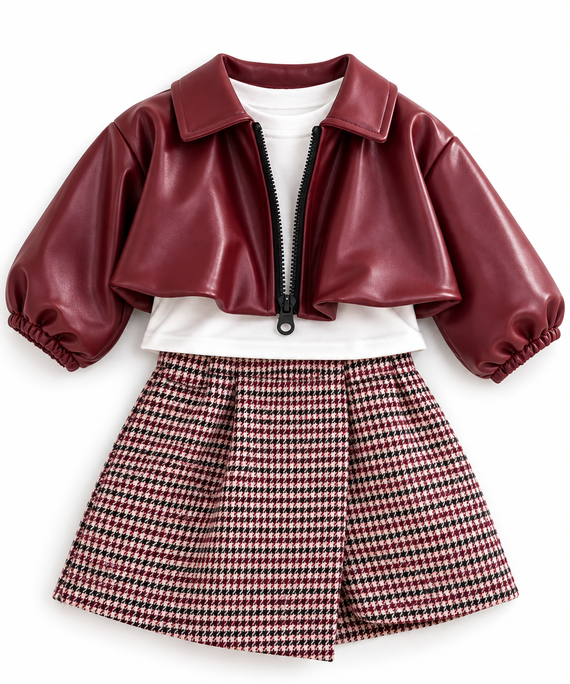 Completo Bambina con Giacca in Ecopelle e Gonna Pied-de-Poule