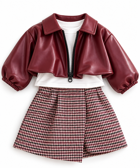Completo Bambina con Giacca in Ecopelle e Gonna Pied-de-Poule
