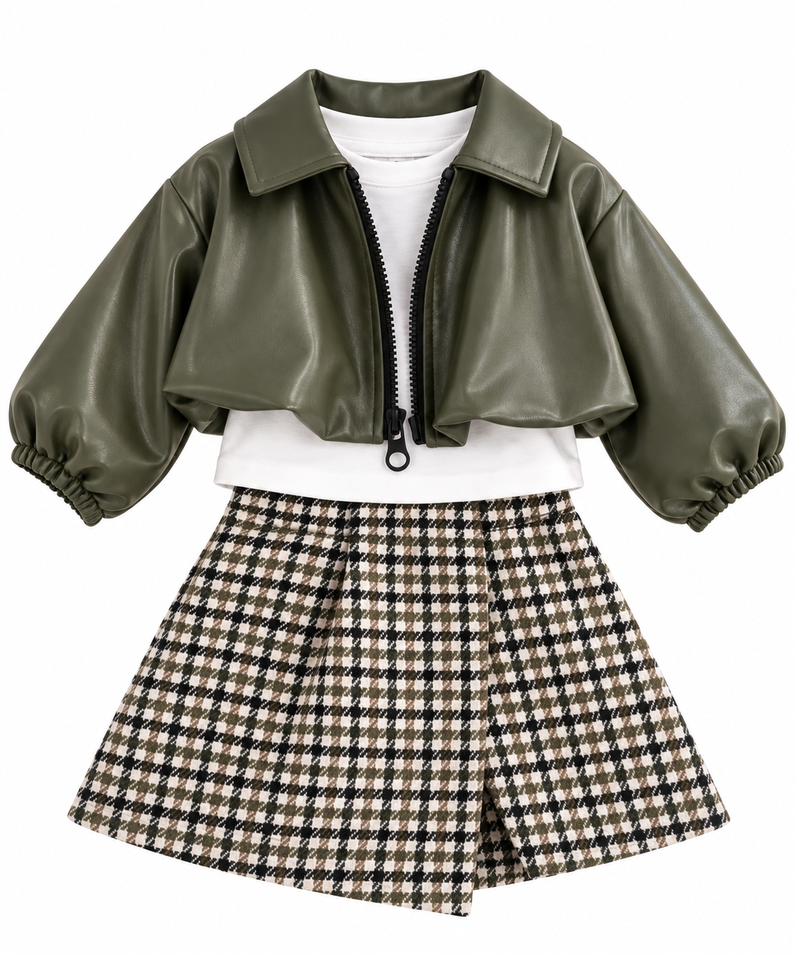 Completo Bambina con Giacca in Ecopelle e Gonna Pied-de-Poule