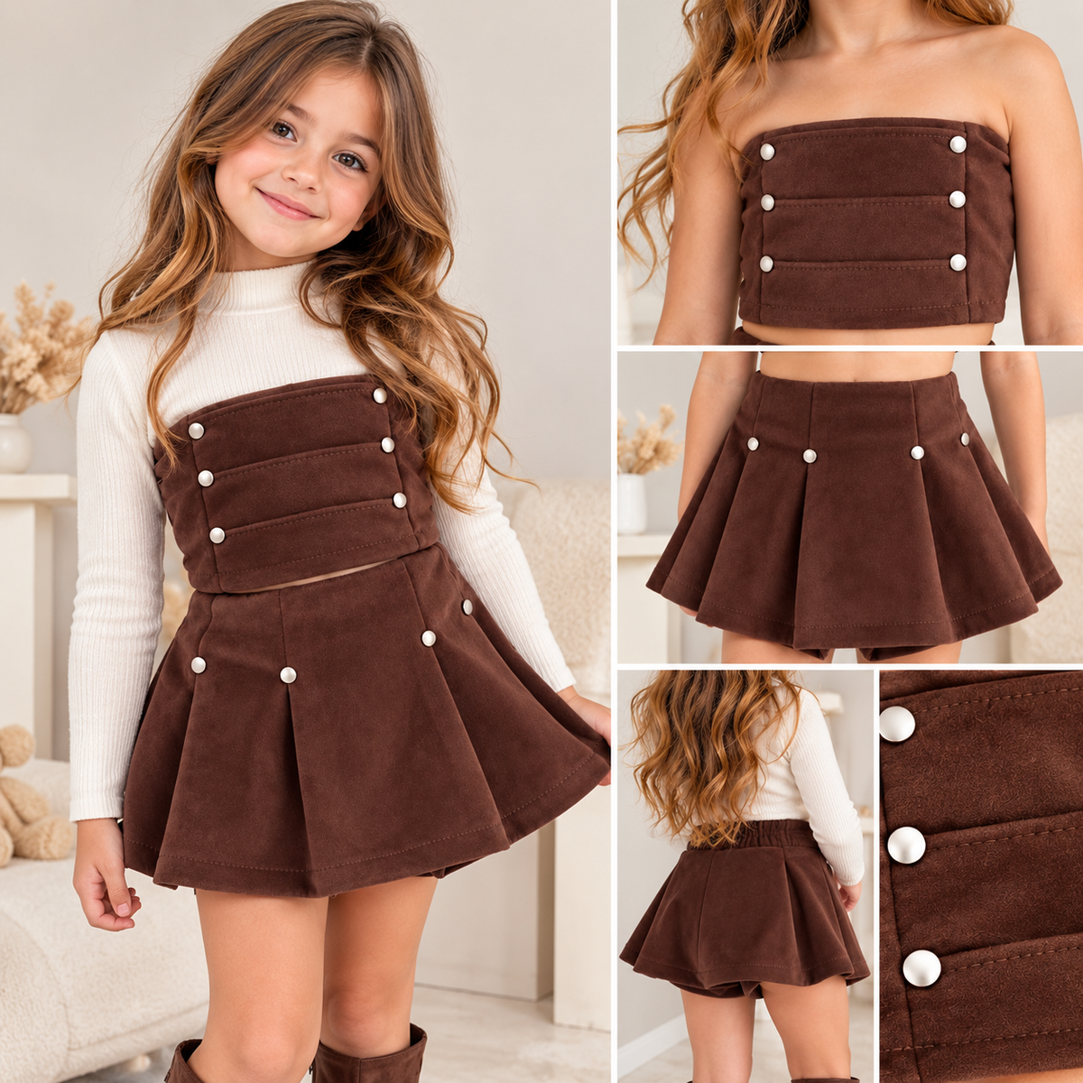 Completo Bambina in Ecopelle Scamosciata con Gonna Plissé