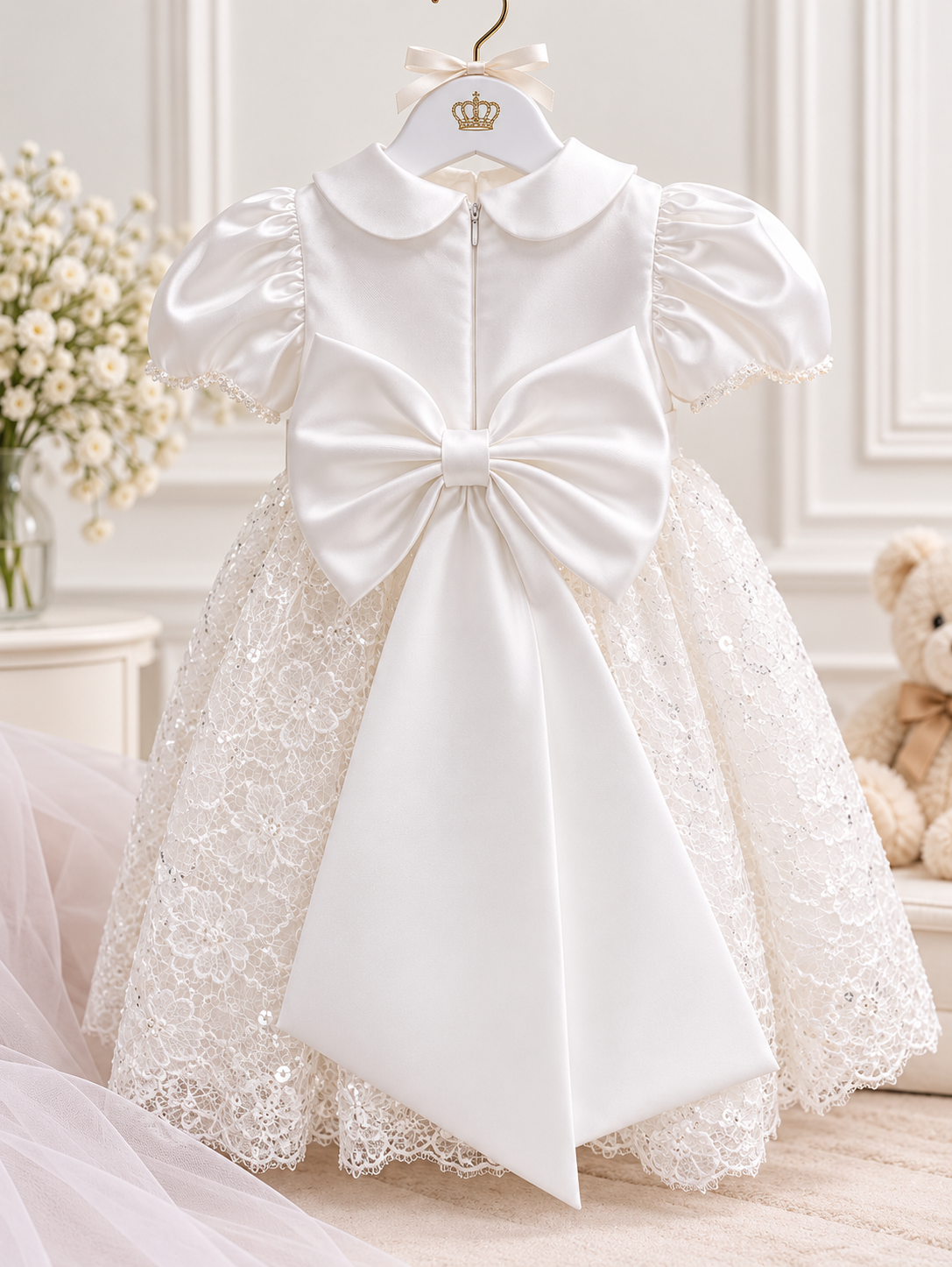 Abito Elegante da Cerimonia Neonata in Raso e Pizzo con Colletto e Maniche a Palloncino