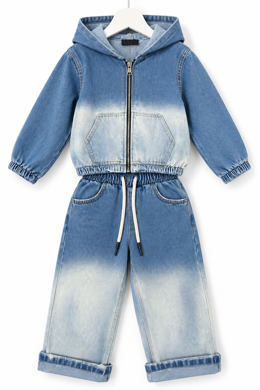 Completo Bambino in Denim Effetto Dégradé con Felpa e Pantalone