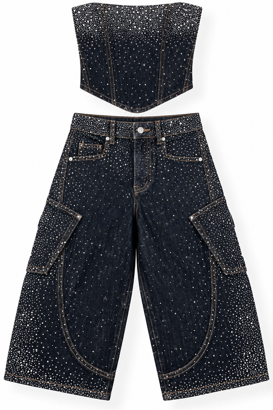 Completo in Denim con Top e Jeans Cargo Luminosi