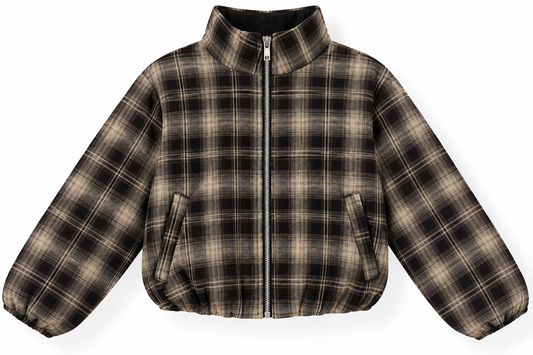 Giubbino Cropped a Quadri con Zip e Colletto Alto