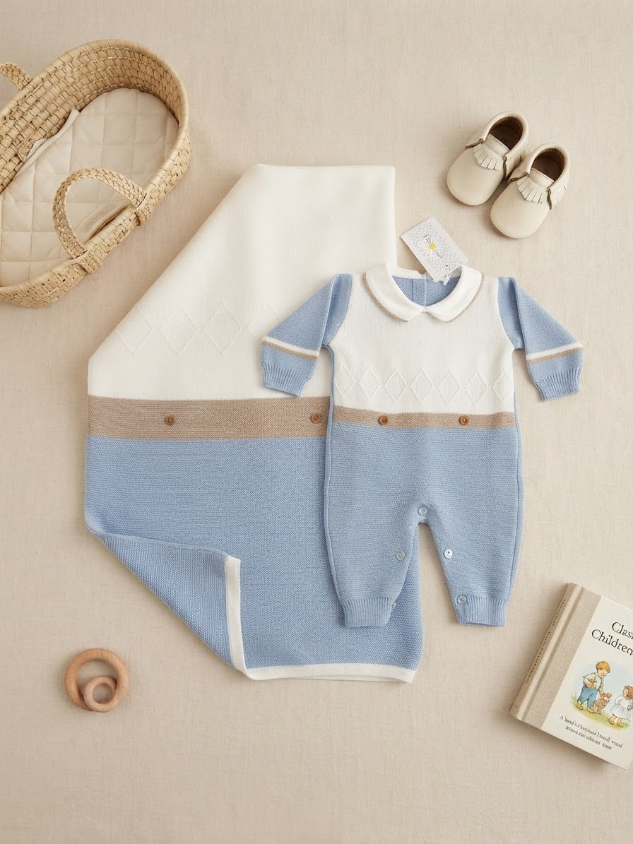 Set Corredino Neonato in Maglia Elegante La Margherita– Tutina e Copertina Abbinata